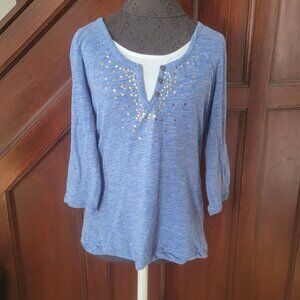 Blue Knit Top With Sequins & Faux Layered Look 3/4 Sleeves Button Accent Womens